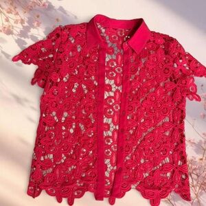 Vintage fully crochet raspberry red blouse button down collared shirt